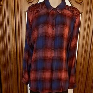 Blue/Red/Purple Rayon L/S Oversized Boyfriend Blouse, Embroidered Yoke,  sz L